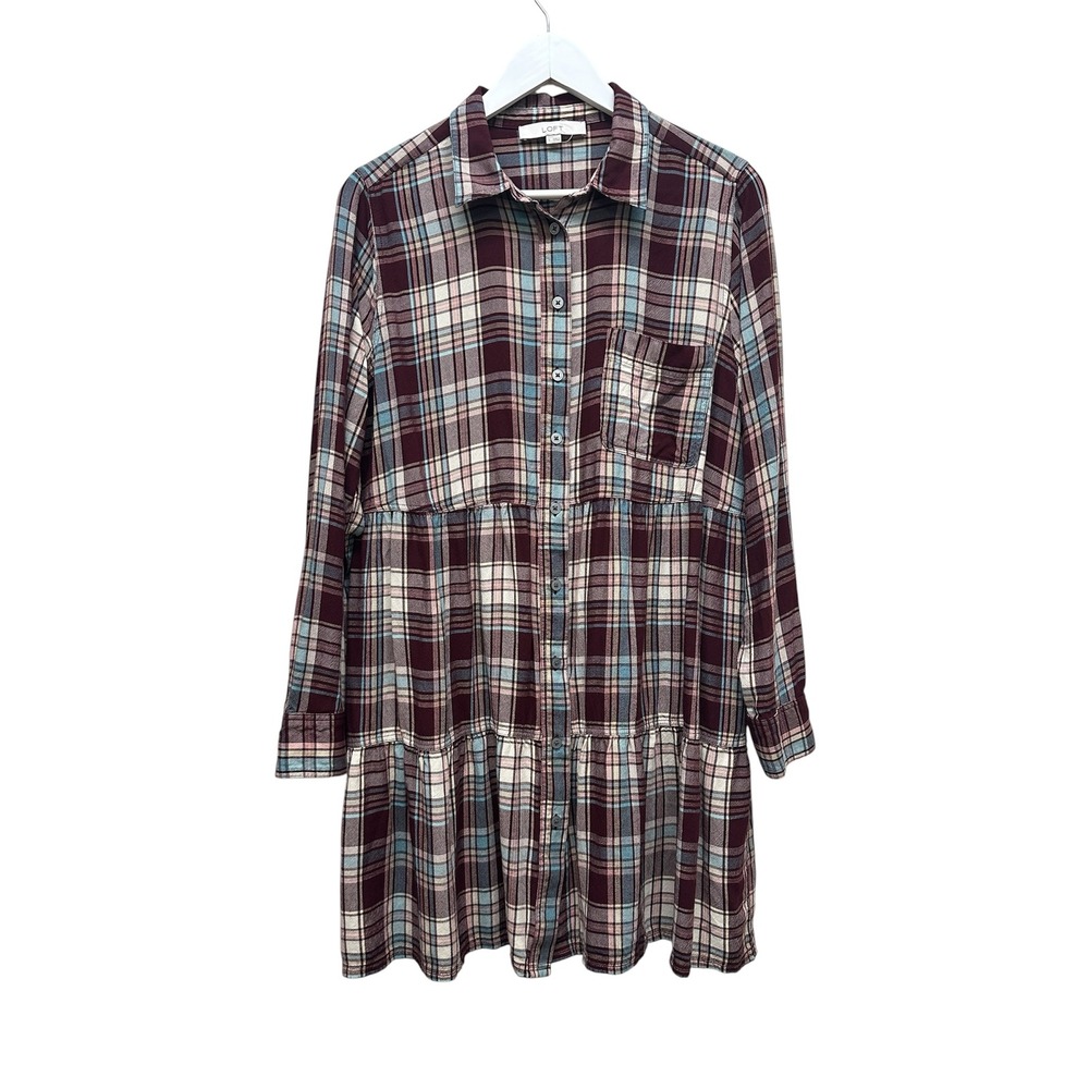 LOFT Womens Plaid Tiered Shirt Dress Burgundy Rayon Long Sleeve Size L